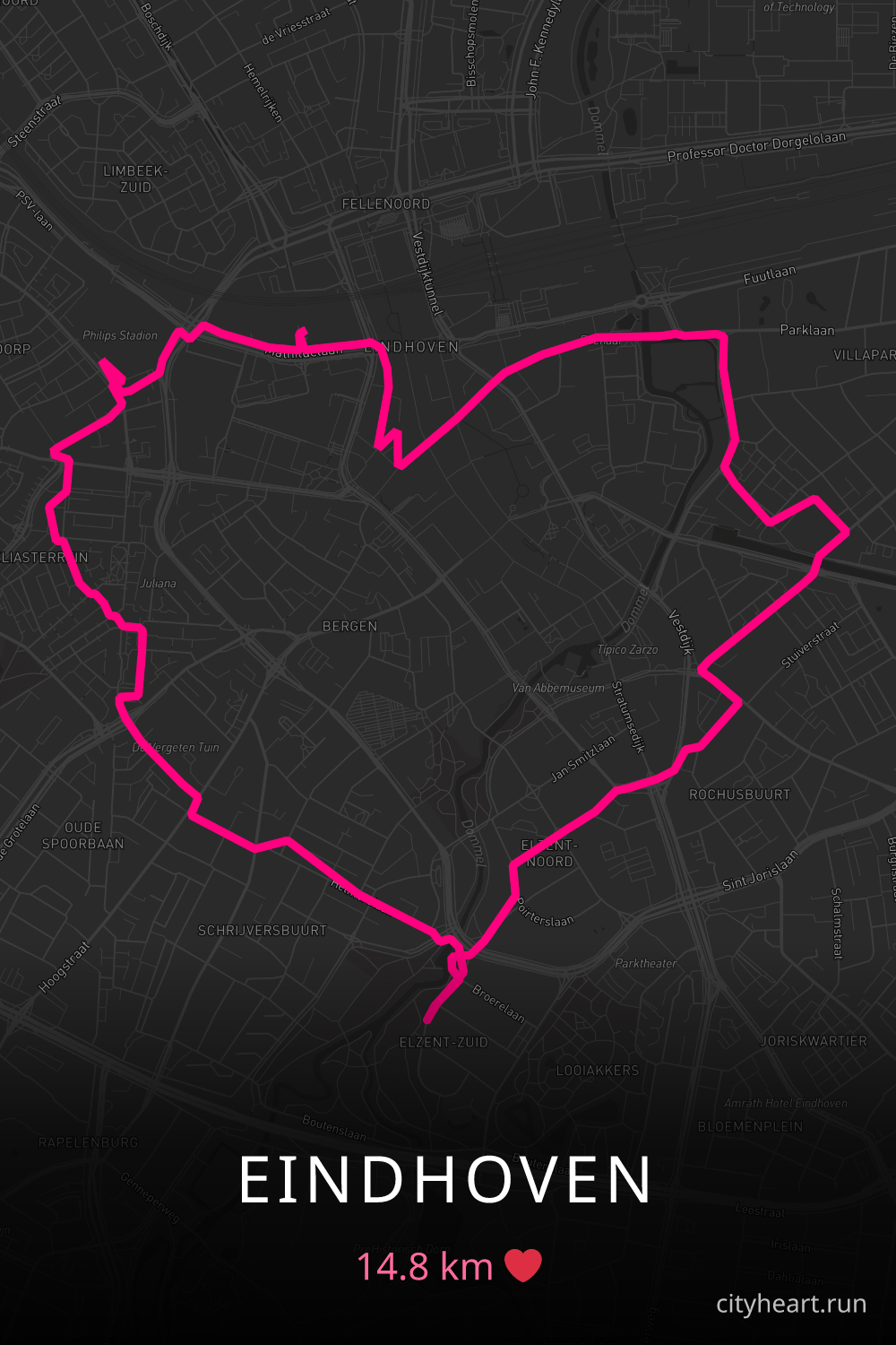 Heart-shaped running route in Eindhoven, 14.8 km — GPS art for Strava