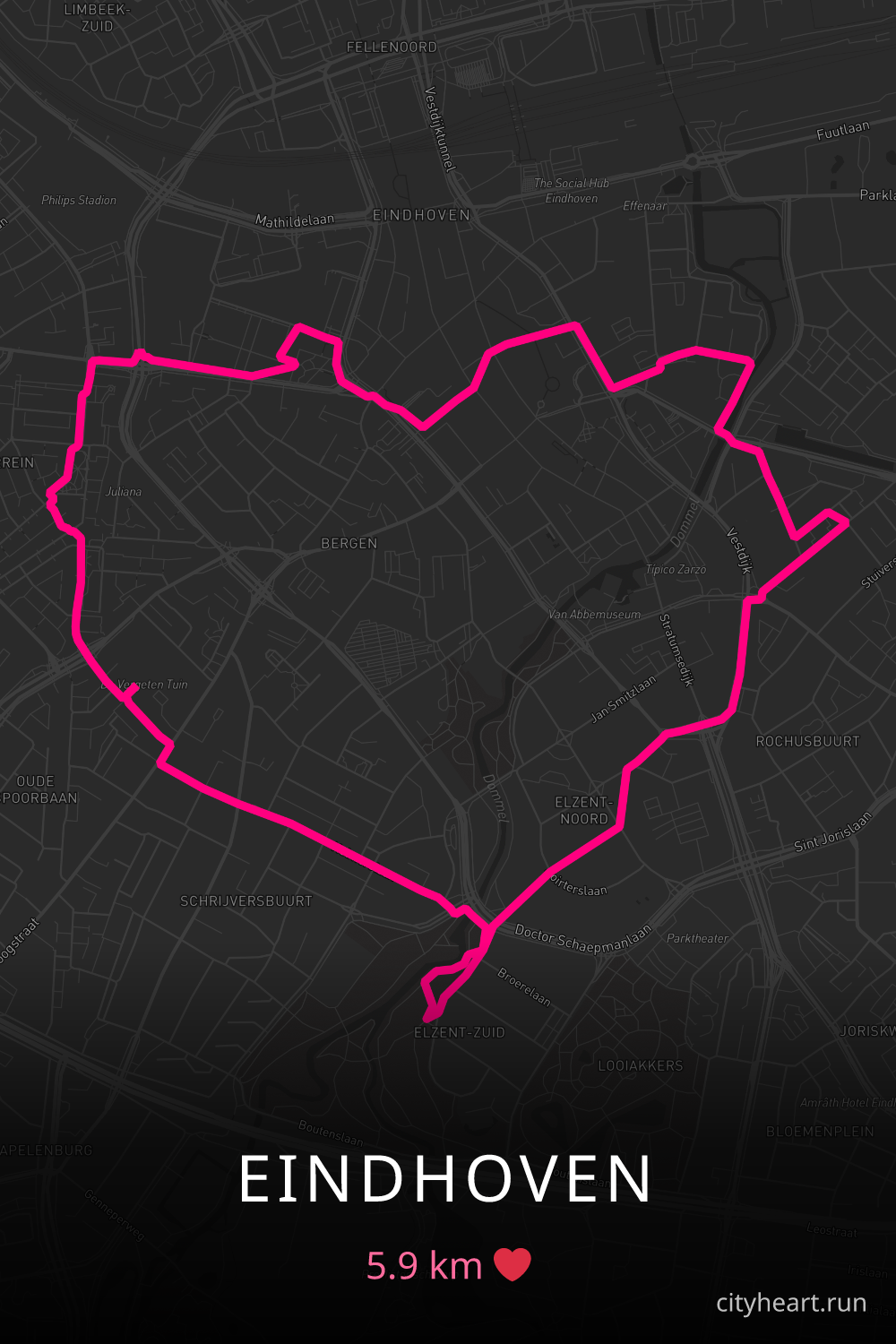 Heart-shaped running route in Eindhoven, 5.9 km — GPS art for Strava
