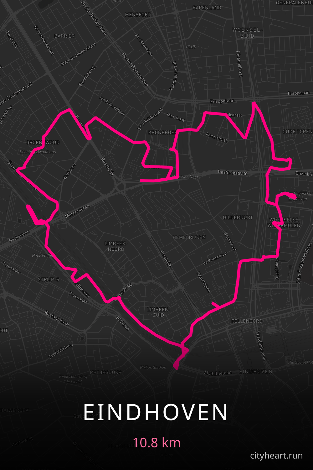 Heart-shaped running route in Eindhoven, 10.8 km — GPS art for Strava
