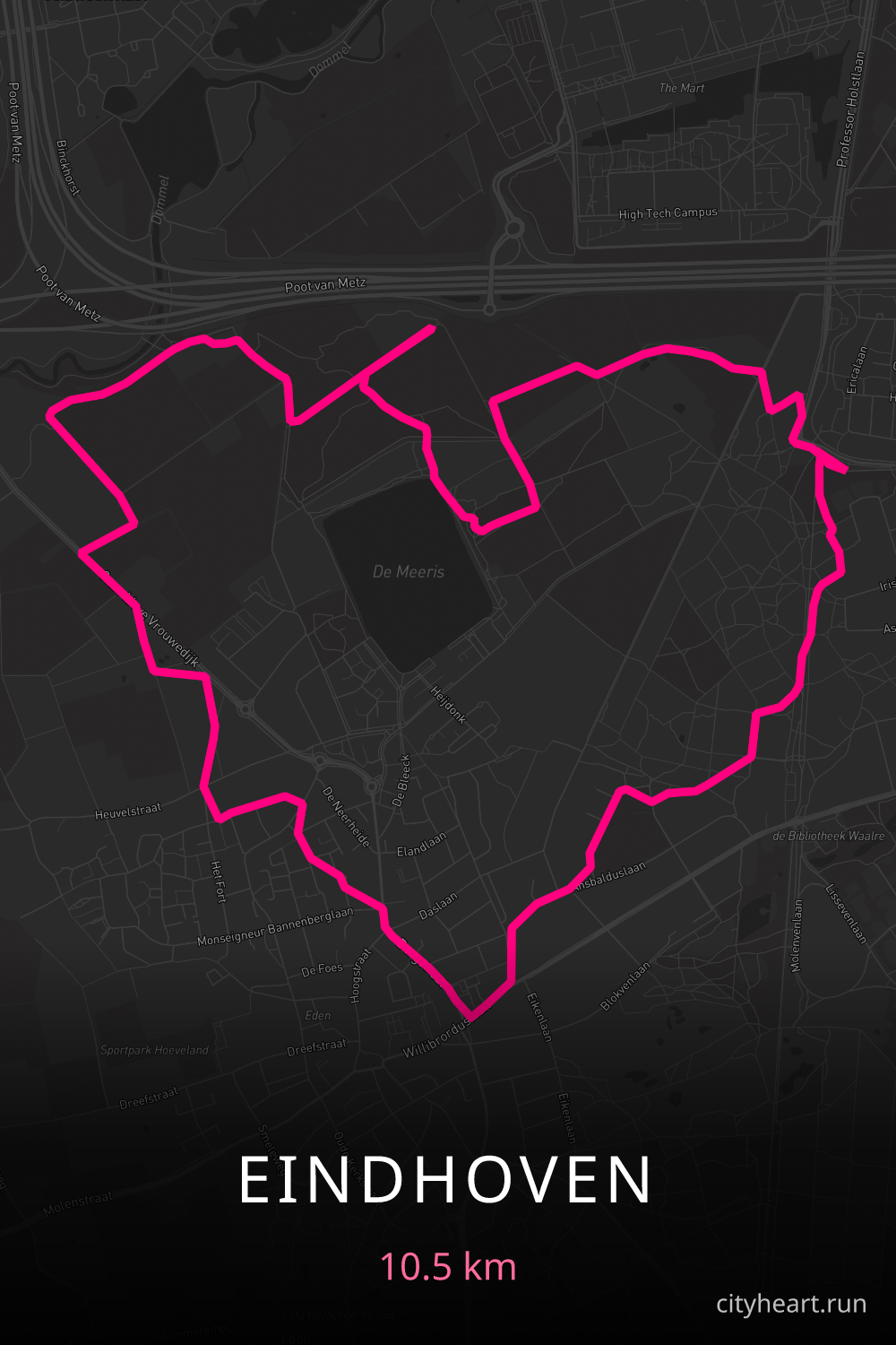 Heart-shaped running route in Eindhoven, 10.5 km — GPS art for Strava