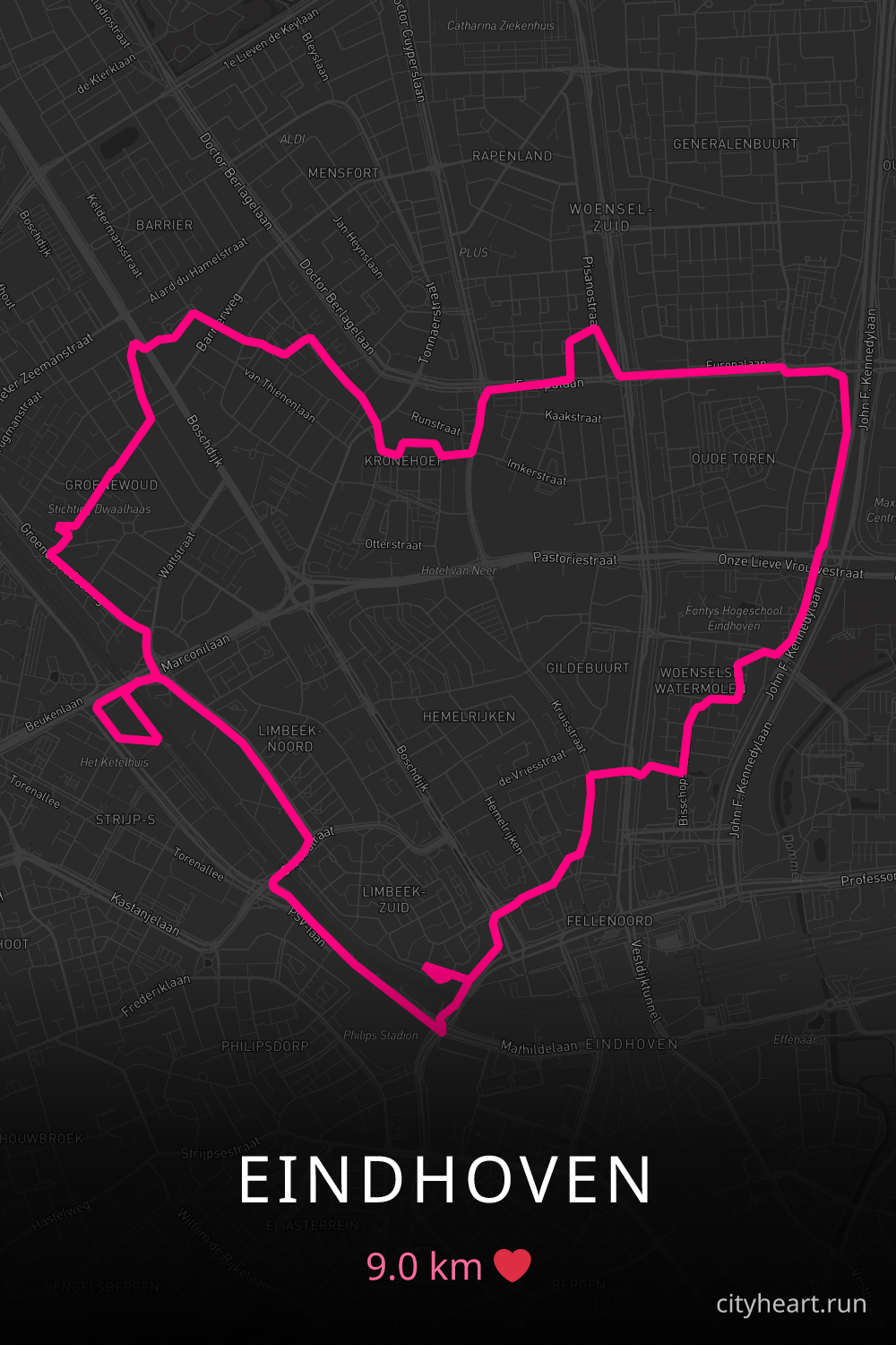 Heart-shaped running route in Eindhoven, 9.0 km — GPS art for Strava