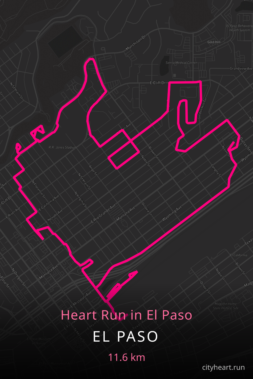 Heart-shaped running route in El Paso, 11.6 km — GPS art for Strava