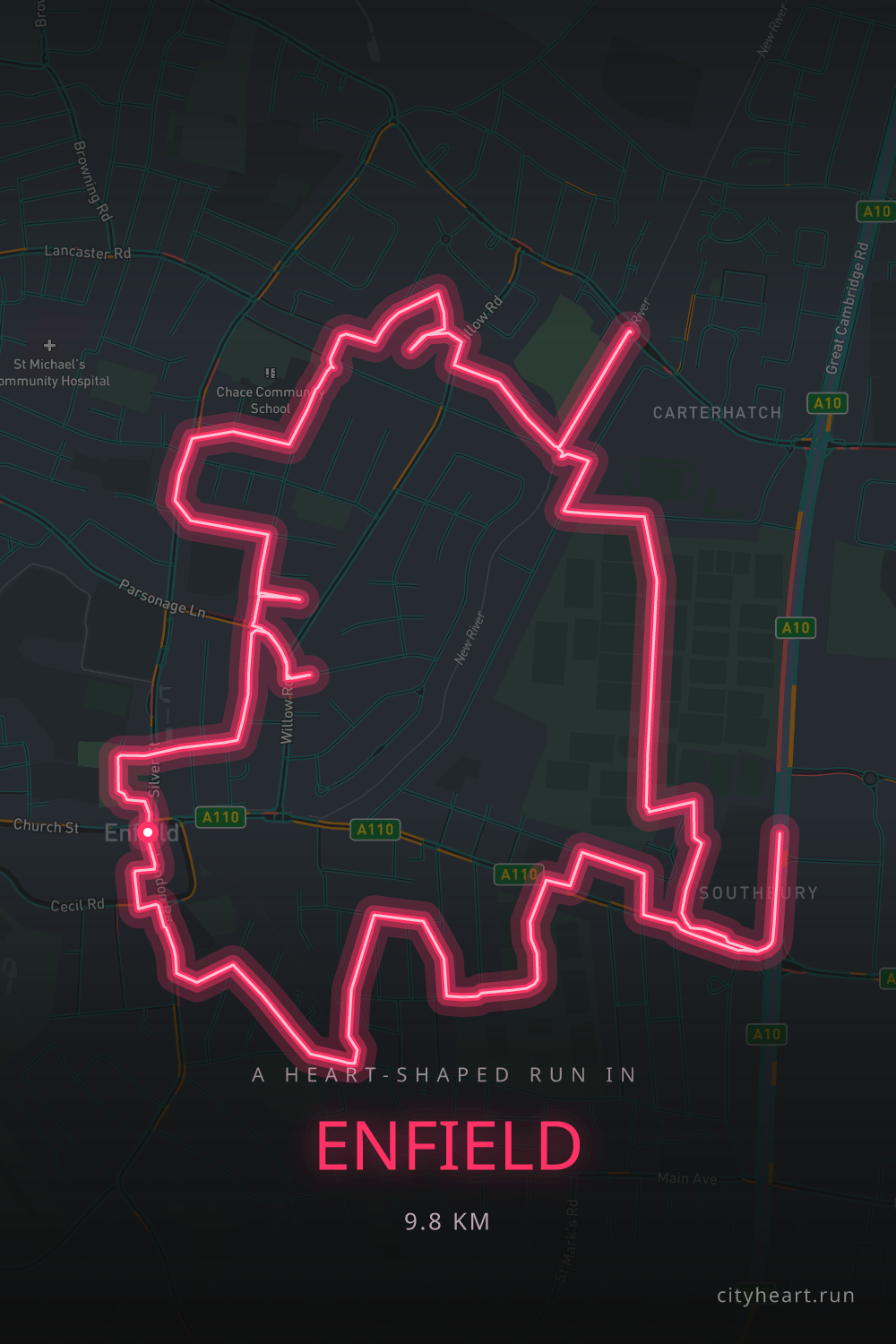 Heart-shaped running route in Enfield, 10.7 km — GPS art for Strava
