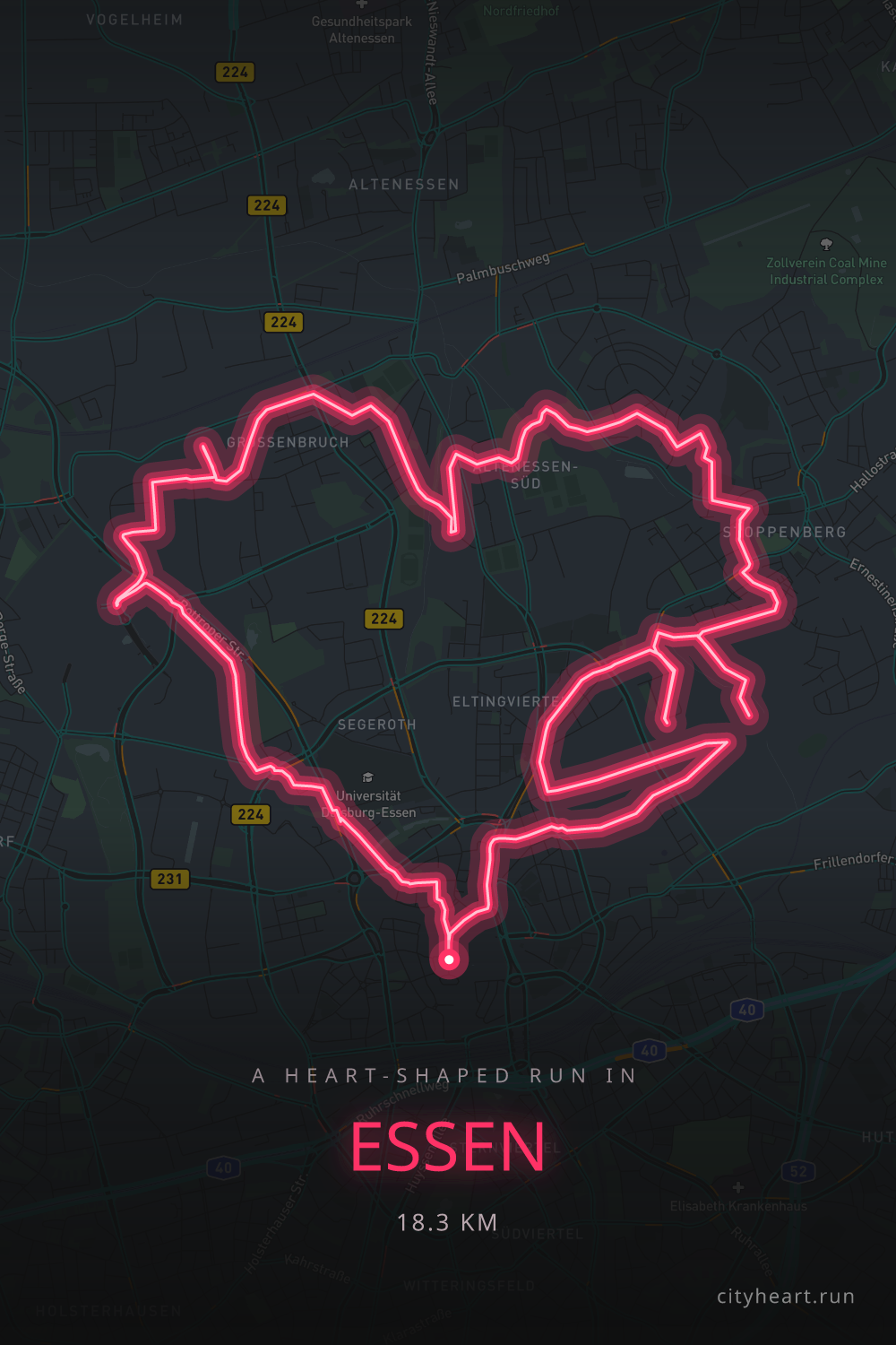 Heart-shaped running route in Essen, 20.1 km — GPS art for Strava