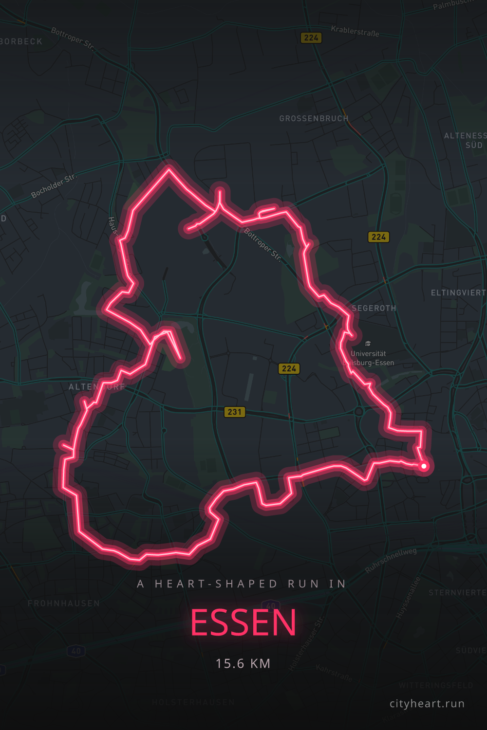 Heart-shaped running route in Essen, 16.5 km — GPS art for Strava