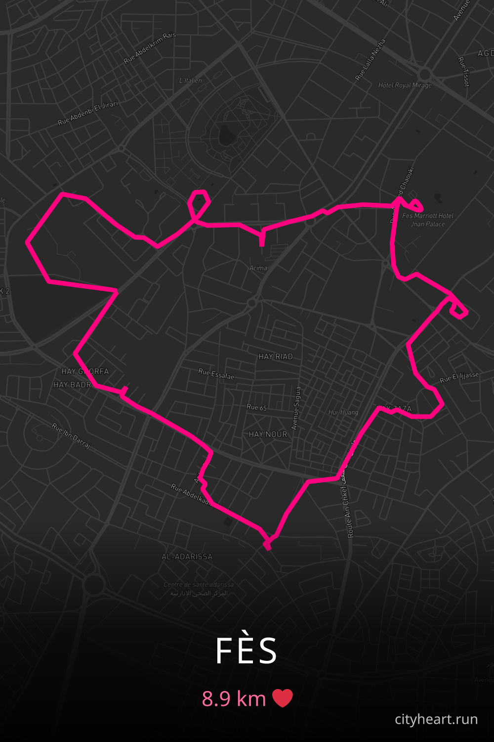Heart-shaped running route in Fès, 8.9 km — GPS art for Strava