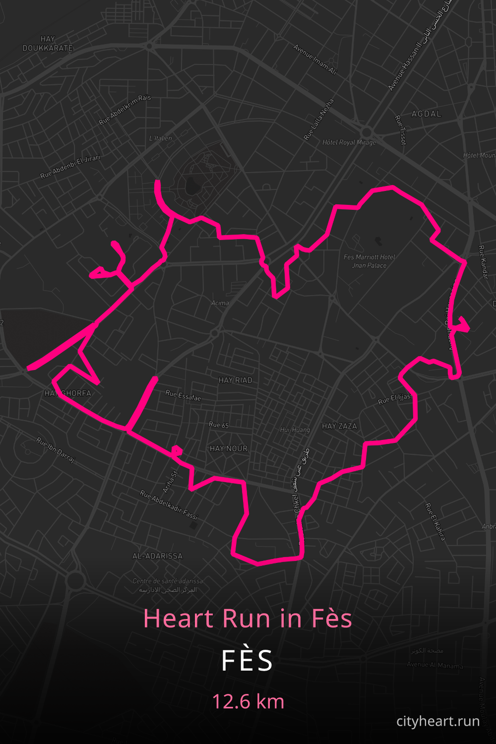 Heart-shaped running route in Fès, 12.6 km — GPS art for Strava