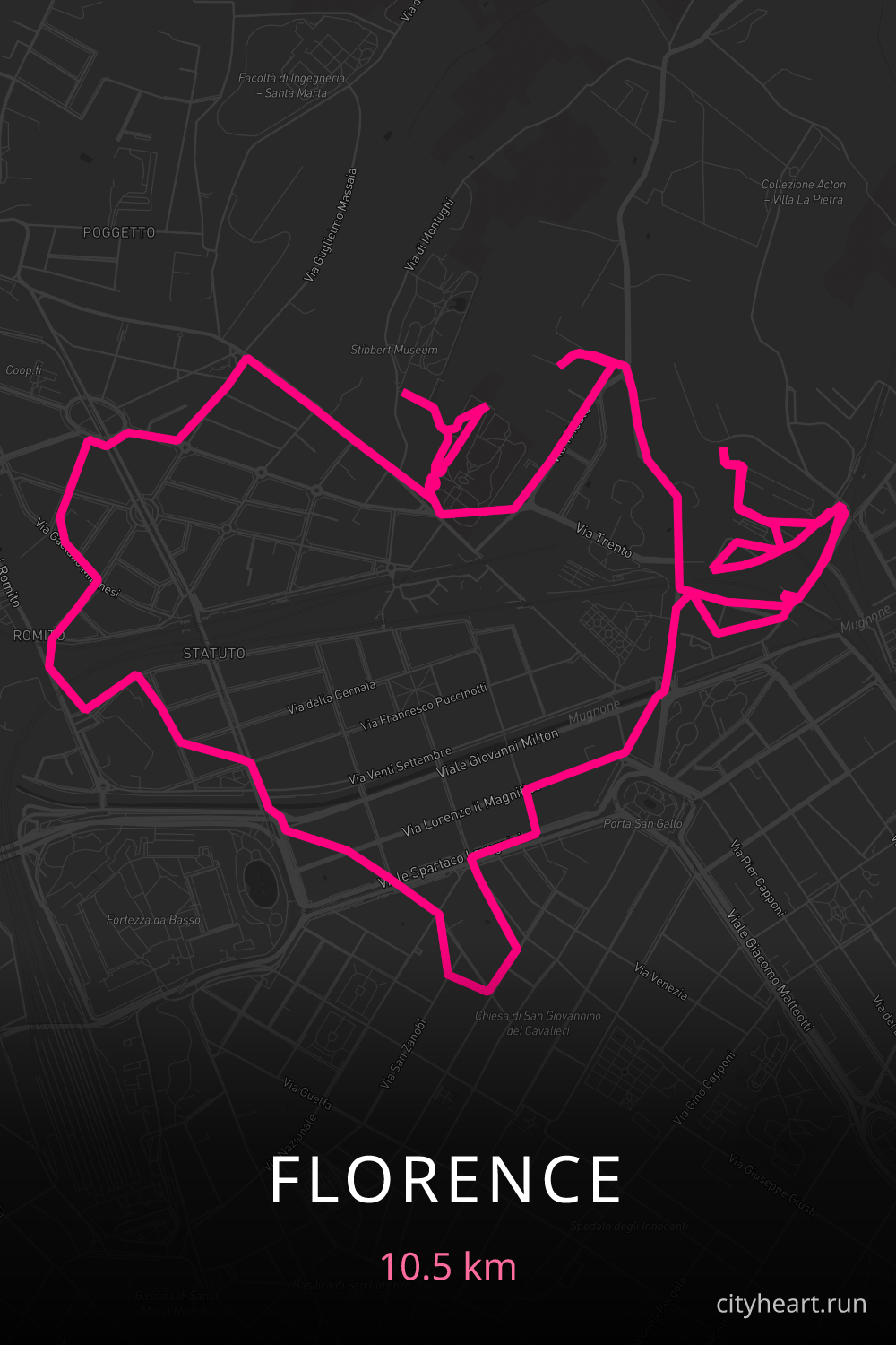 Heart-shaped running route in Florence, 10.5 km — GPS art for Strava