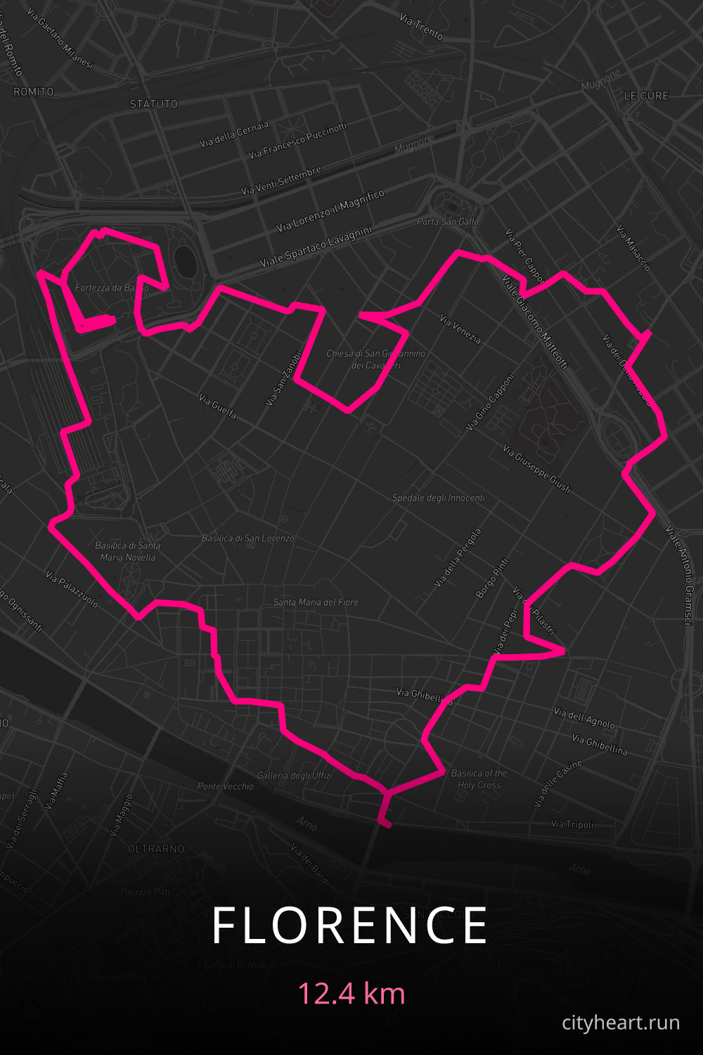 Heart-shaped running route in Florence, 12.4 km — GPS art for Strava