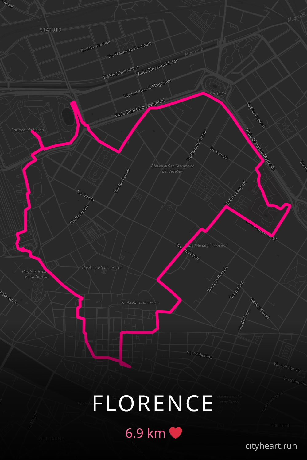 Heart-shaped running route in Florence, 6.9 km — GPS art for Strava