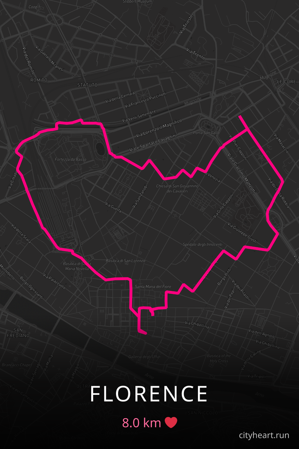 Heart-shaped running route in Florence, 8.0 km — GPS art for Strava