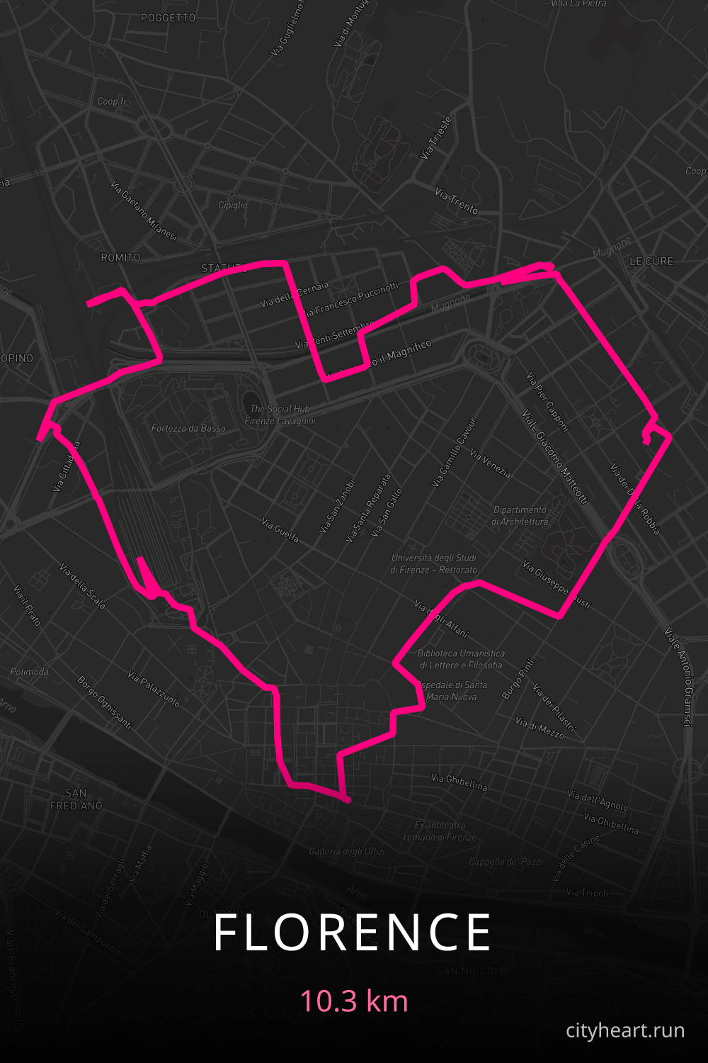 Heart-shaped running route in Florence, 10.3 km — GPS art for Strava
