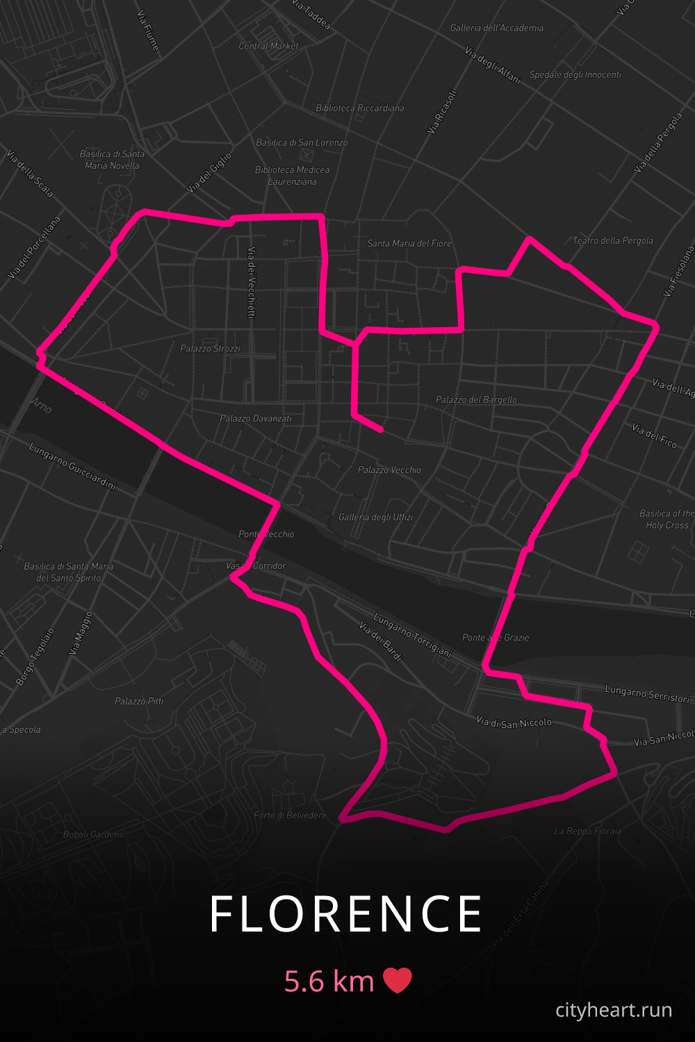 Heart-shaped running route in Florence, 5.6 km — GPS art for Strava