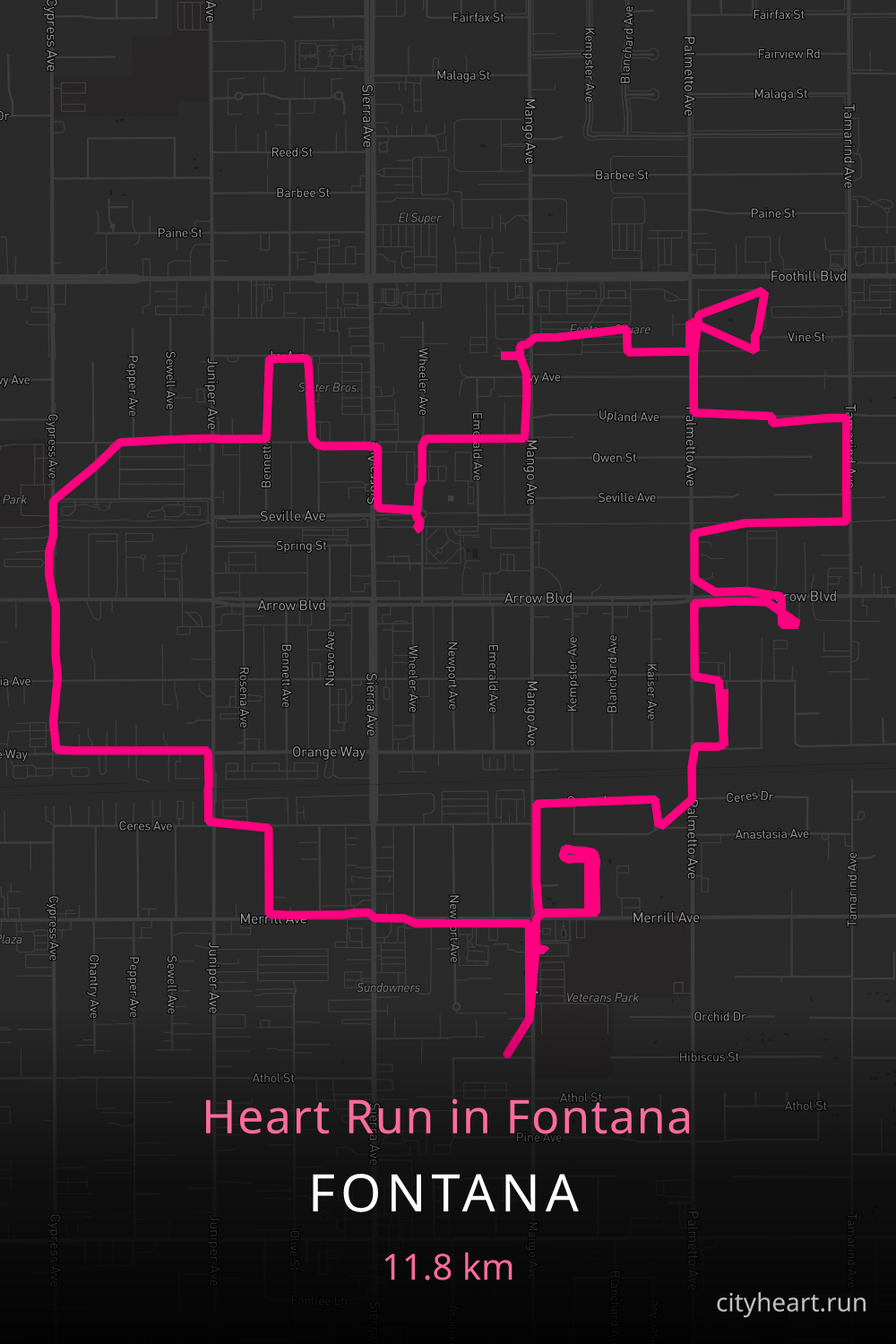 Heart-shaped running route in Fontana, 12.8 km — GPS art for Strava
