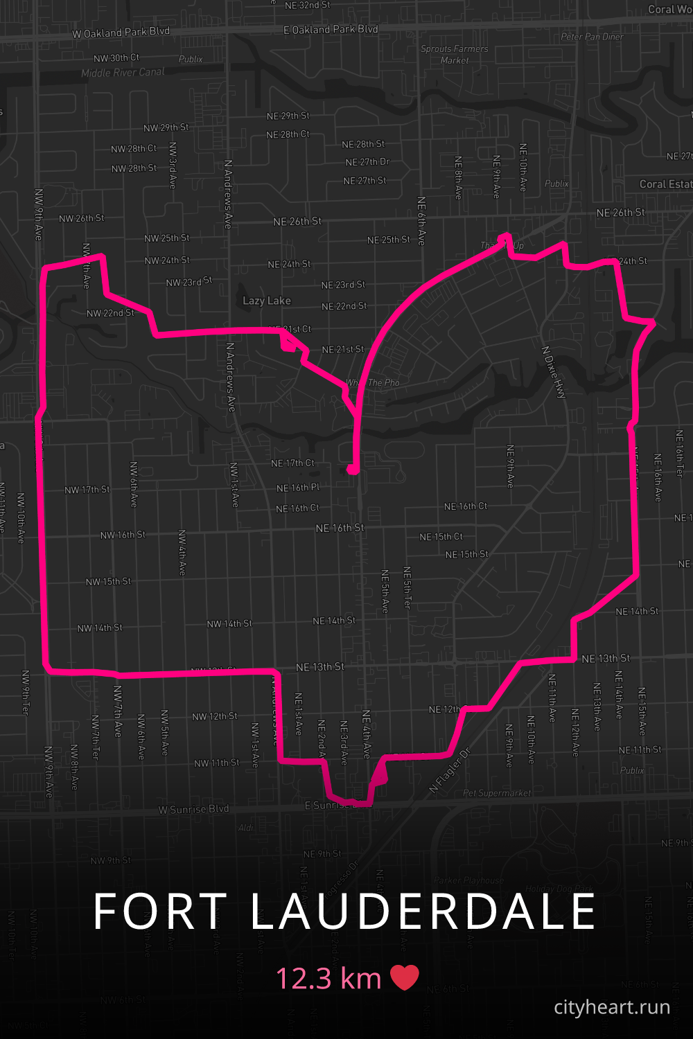 Heart-shaped running route in Fort Lauderdale, 12.0 km — GPS art for Strava