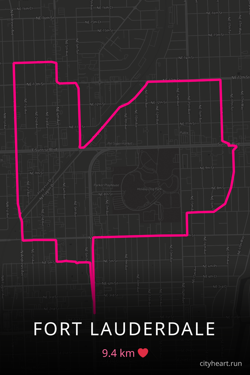 Heart-shaped running route in Fort Lauderdale, 10.1 km — GPS art for Strava