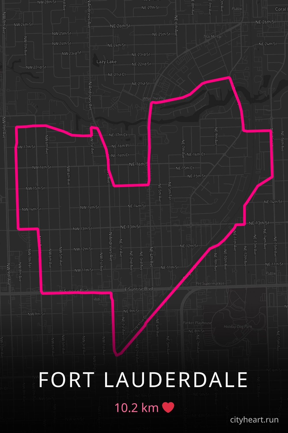 Heart-shaped running route in Fort Lauderdale, 13.0 km — GPS art for Strava