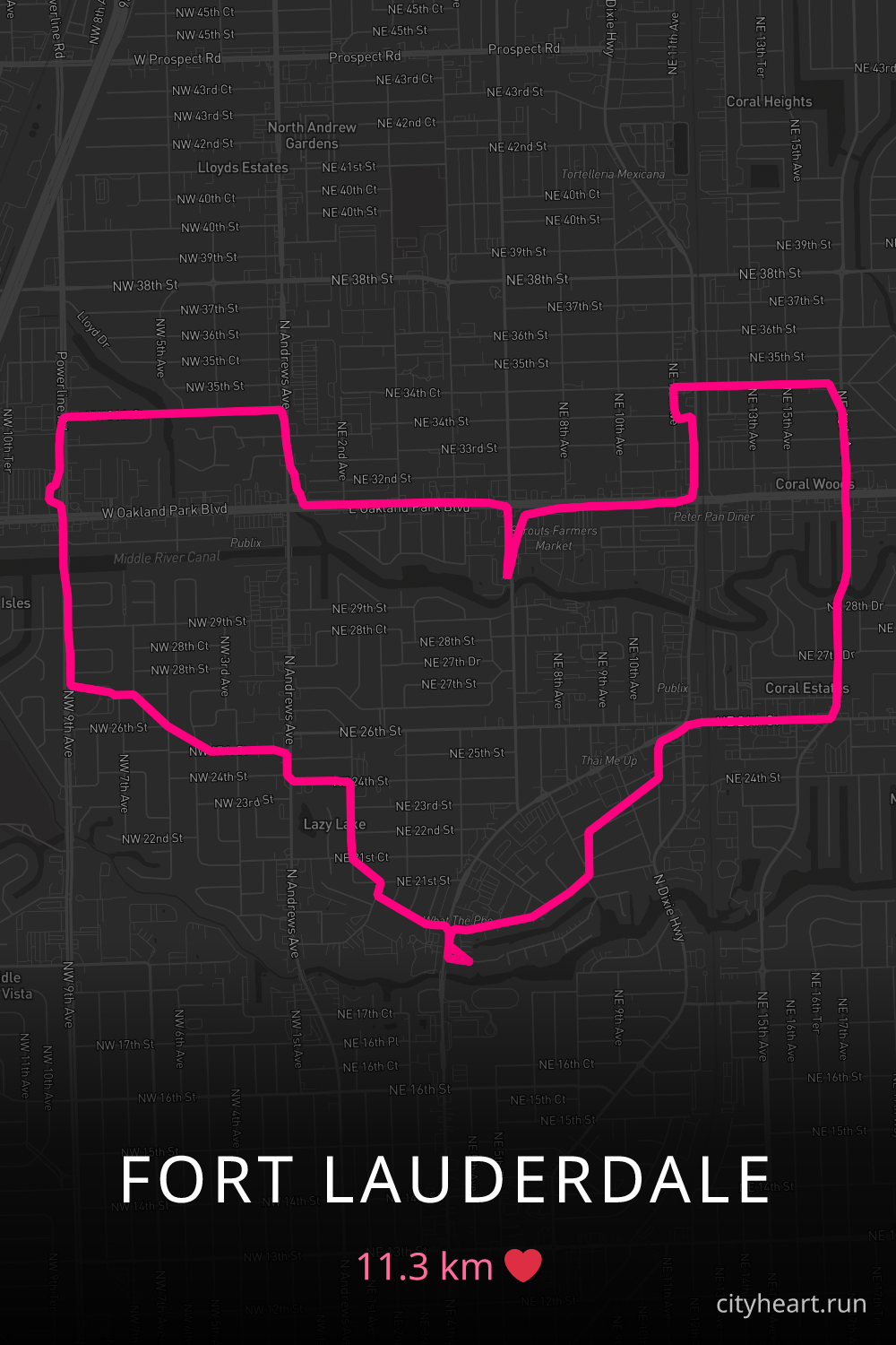 Heart-shaped running route in Fort Lauderdale, 11.0 km — GPS art for Strava