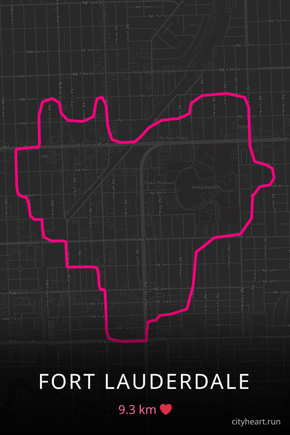 Heart-shaped running route in Fort Lauderdale, 9.3 km — GPS art for Strava