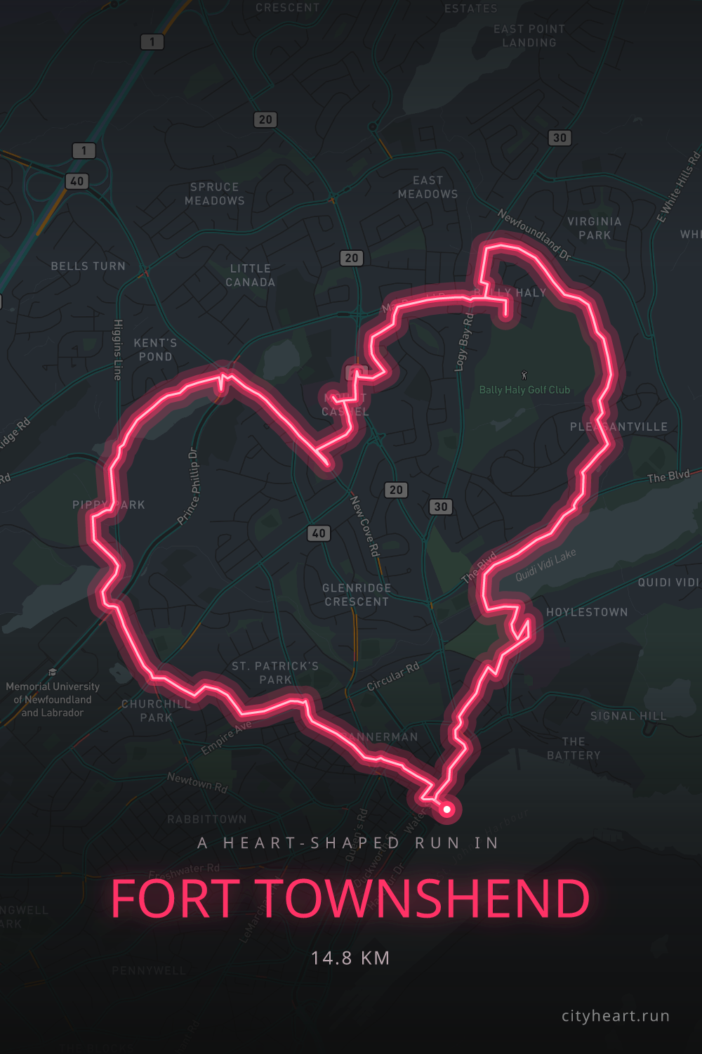 Heart-shaped running route in Fort Townshend, 15.6 km — GPS art for Strava