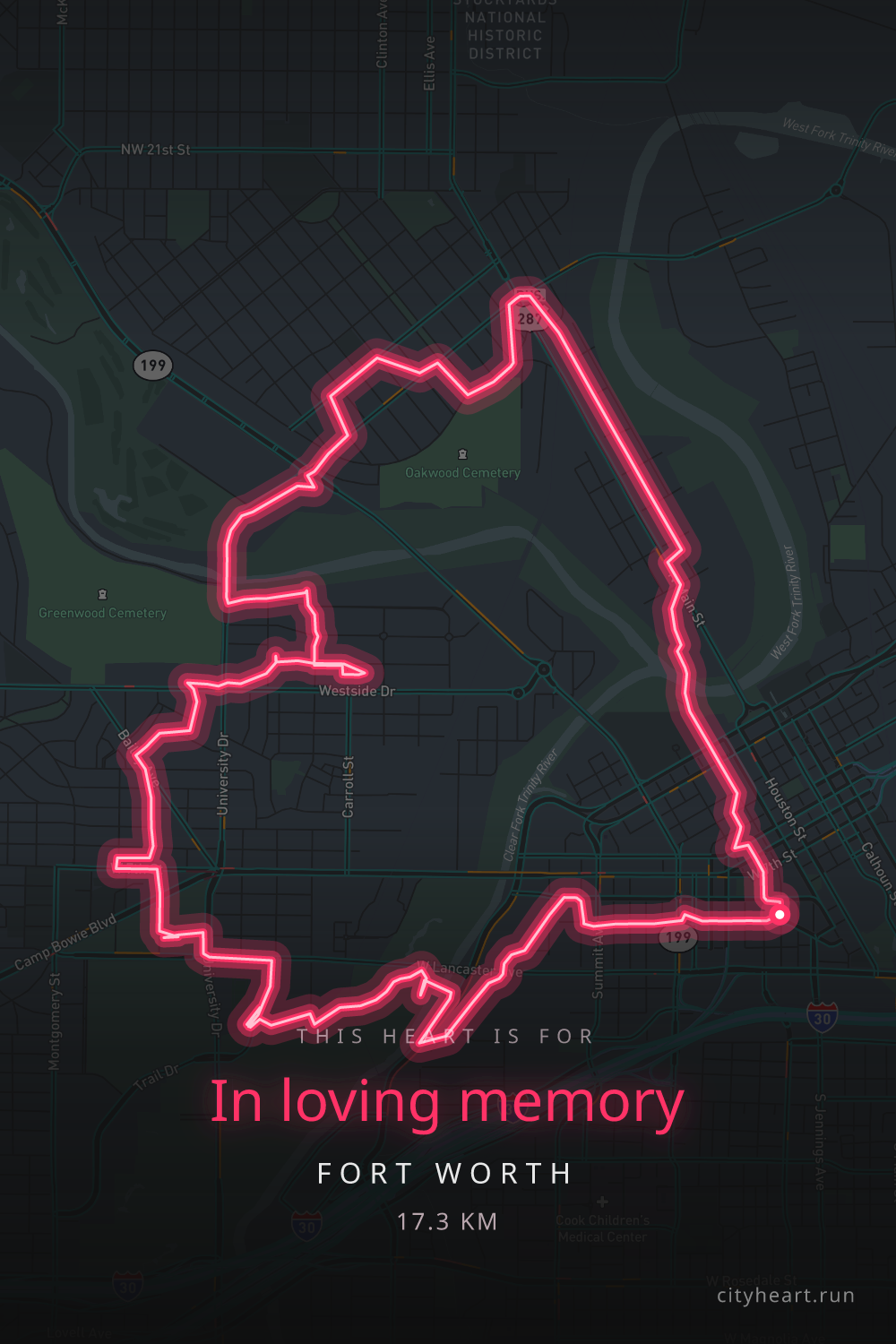 Heart-shaped running route in Fort Worth, 18.5 km — GPS art for Strava