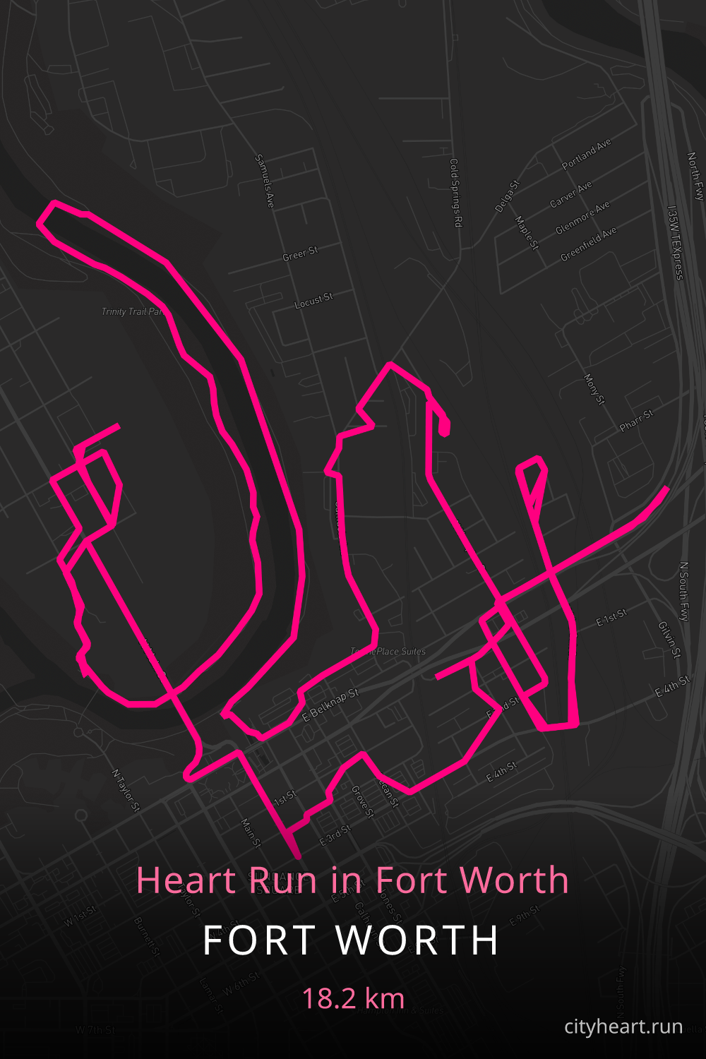 Heart-shaped running route in Fort Worth, 18.3 km — GPS art for Strava