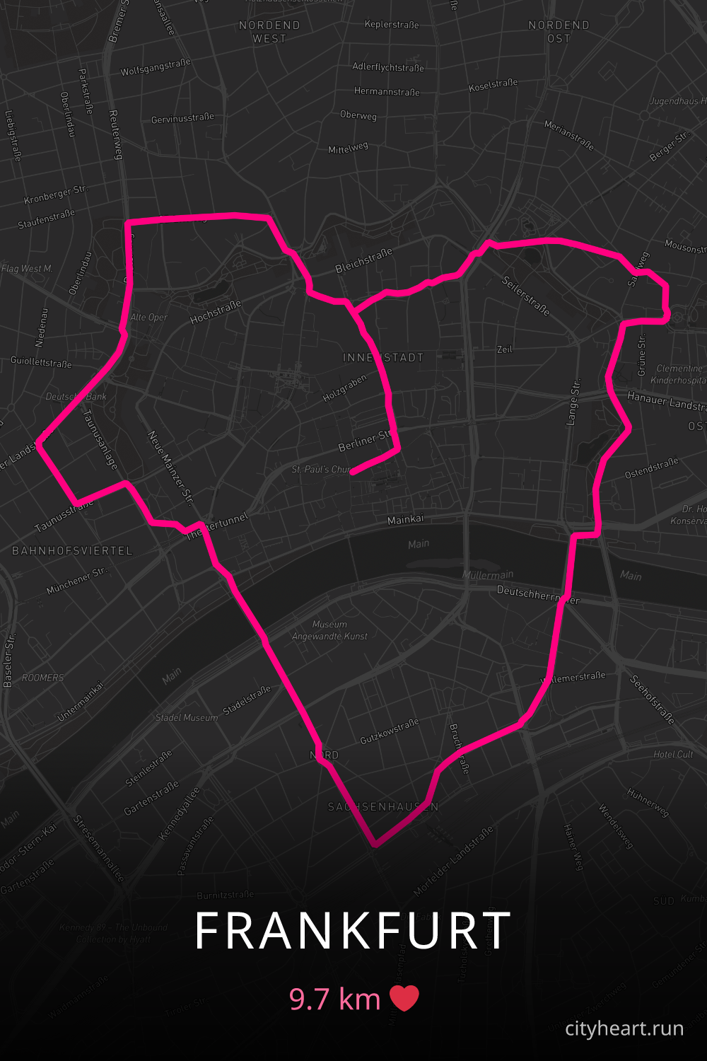 Heart-shaped running route in Frankfurt, 9.7 km — GPS art for Strava