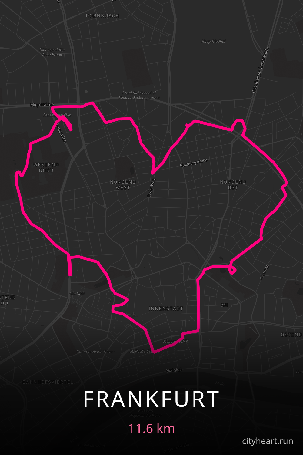 Heart-shaped running route in Frankfurt, 11.6 km — GPS art for Strava