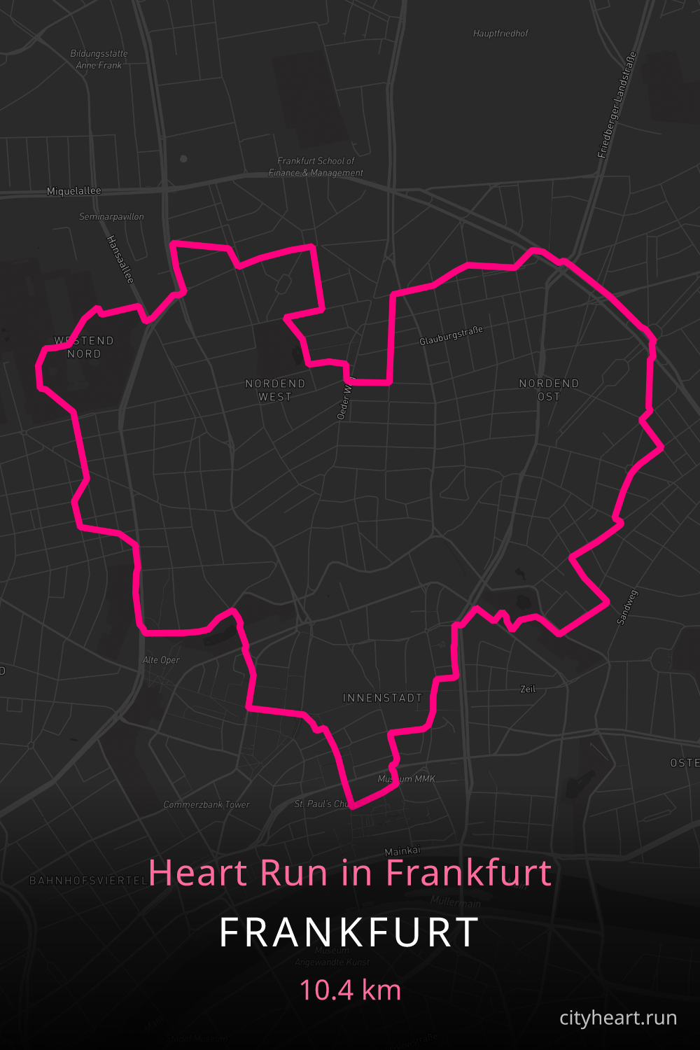 Heart-shaped running route in Frankfurt, 11.3 km — GPS art for Strava