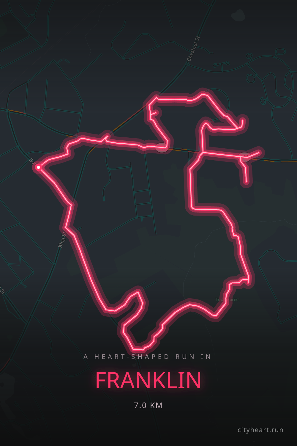 Heart-shaped running route in Franklin, 7.8 km — GPS art for Strava