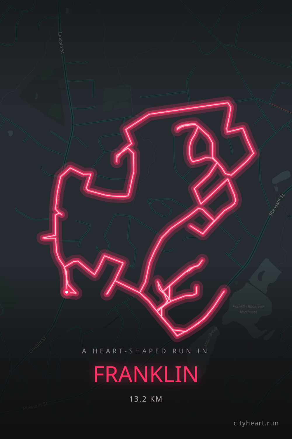 Heart-shaped running route in Franklin, 13.2 km — GPS art for Strava