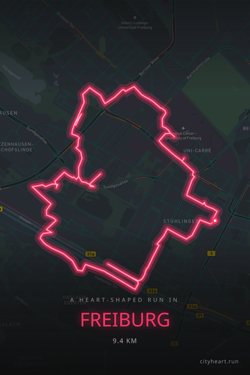 Heart-shaped running route in Freiburg, 10.3 km — GPS art for Strava