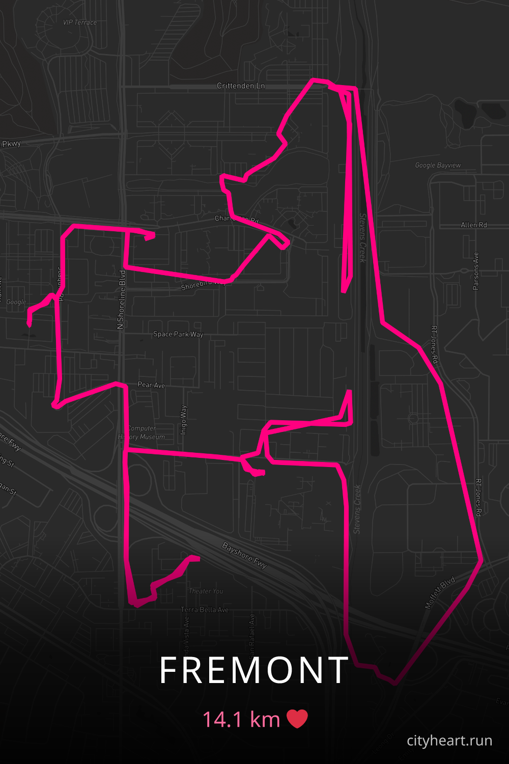 Heart-shaped running route in Fremont, 14.1 km — GPS art for Strava