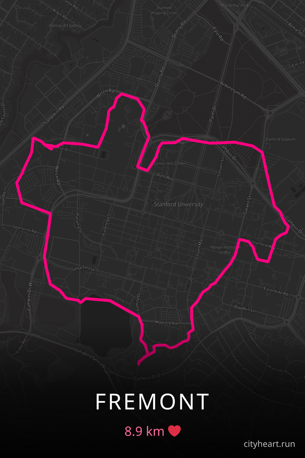 Heart-shaped running route in Fremont, 8.9 km — GPS art for Strava