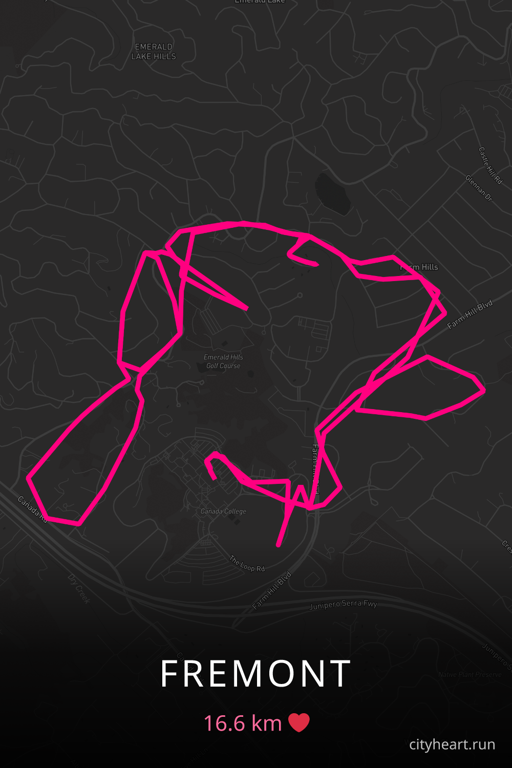 Heart-shaped running route in Fremont, 16.6 km — GPS art for Strava