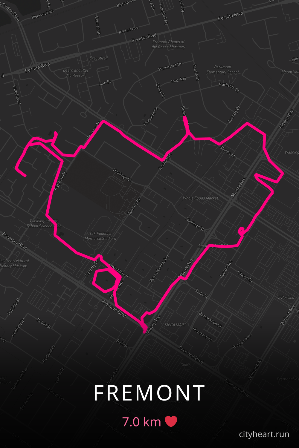 Heart-shaped running route in Fremont, 7.0 km — GPS art for Strava