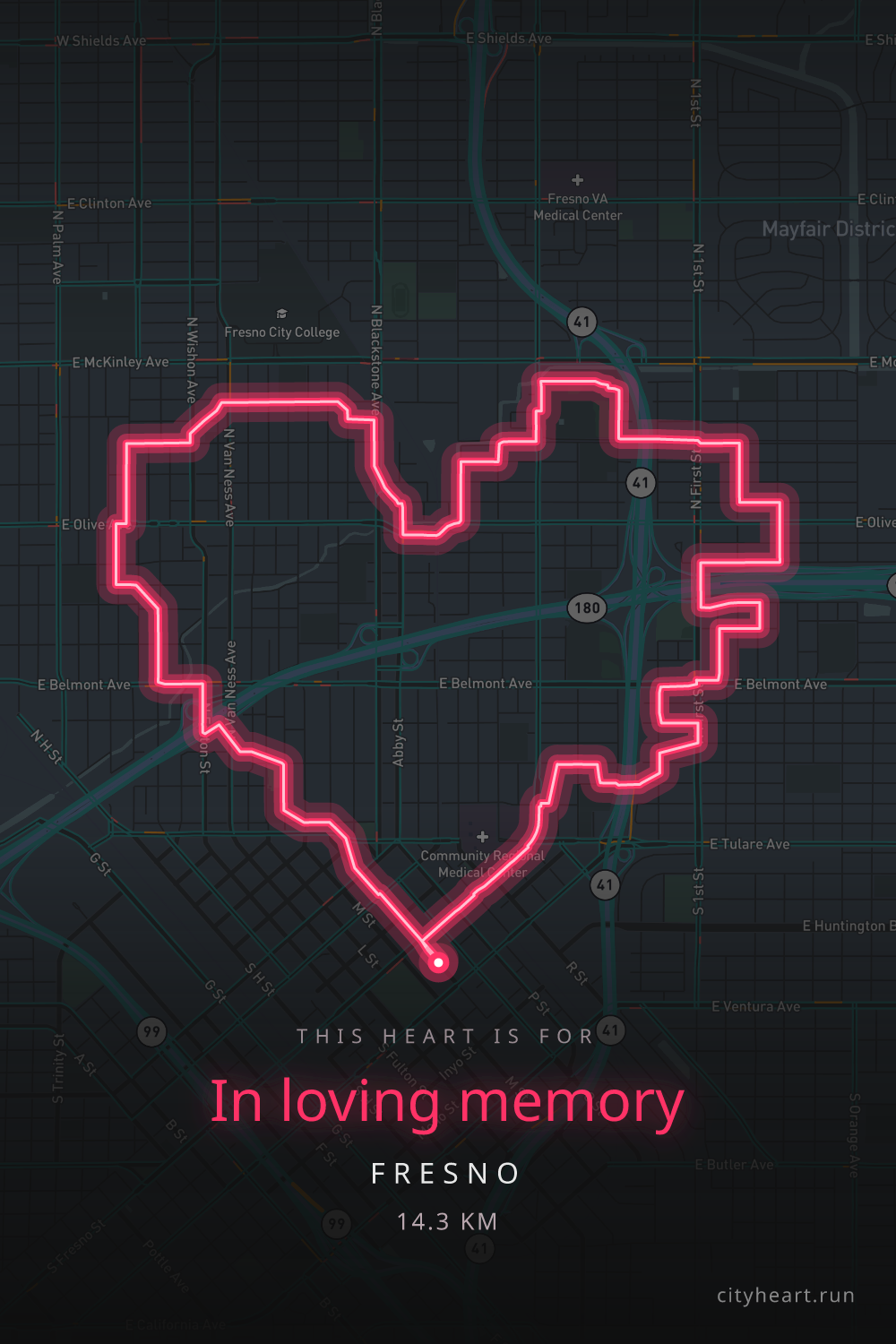 Heart-shaped running route in Fresno, 14.3 km — GPS art for Strava