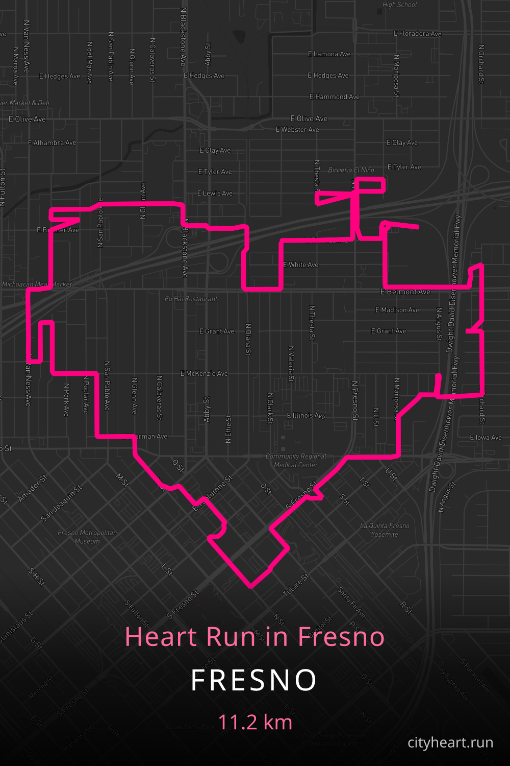 Heart-shaped running route in Fresno, 11.3 km — GPS art for Strava