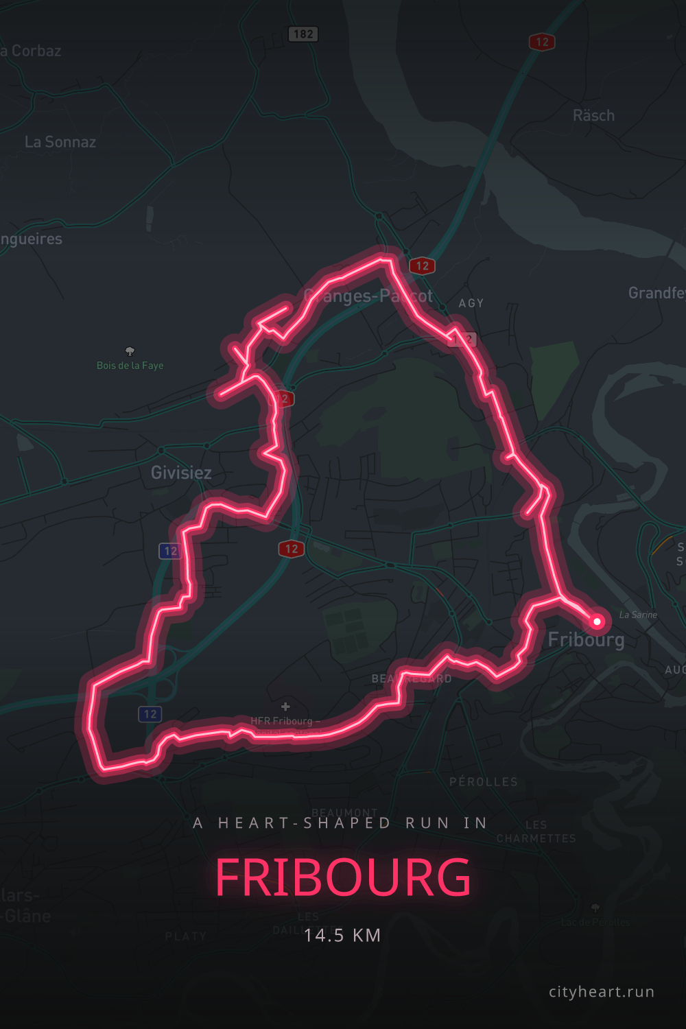 Heart-shaped running route in Fribourg, 16.0 km — GPS art for Strava