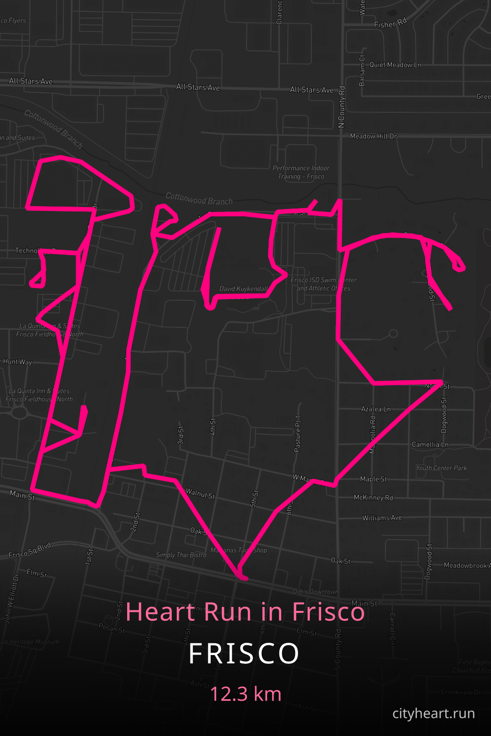 Heart-shaped running route in Frisco, 12.3 km — GPS art for Strava