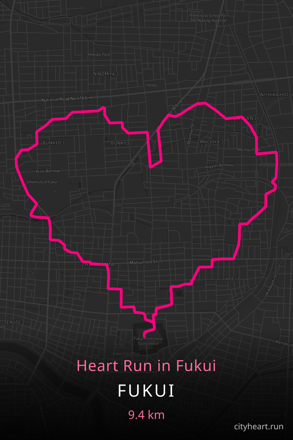 Heart-shaped running route in Fukui, 9.5 km — GPS art for Strava