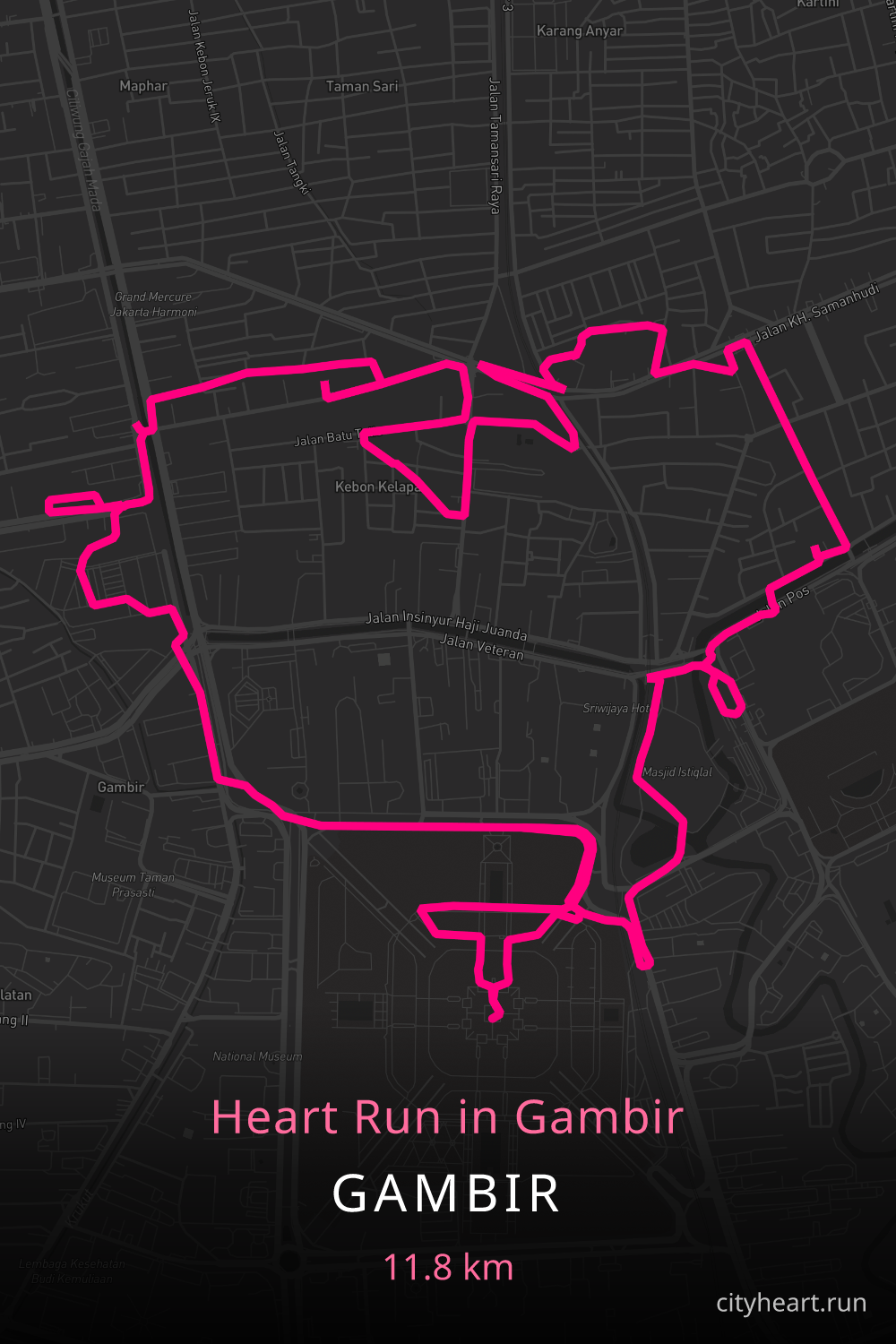 Heart-shaped running route in Gambir, 13.0 km — GPS art for Strava