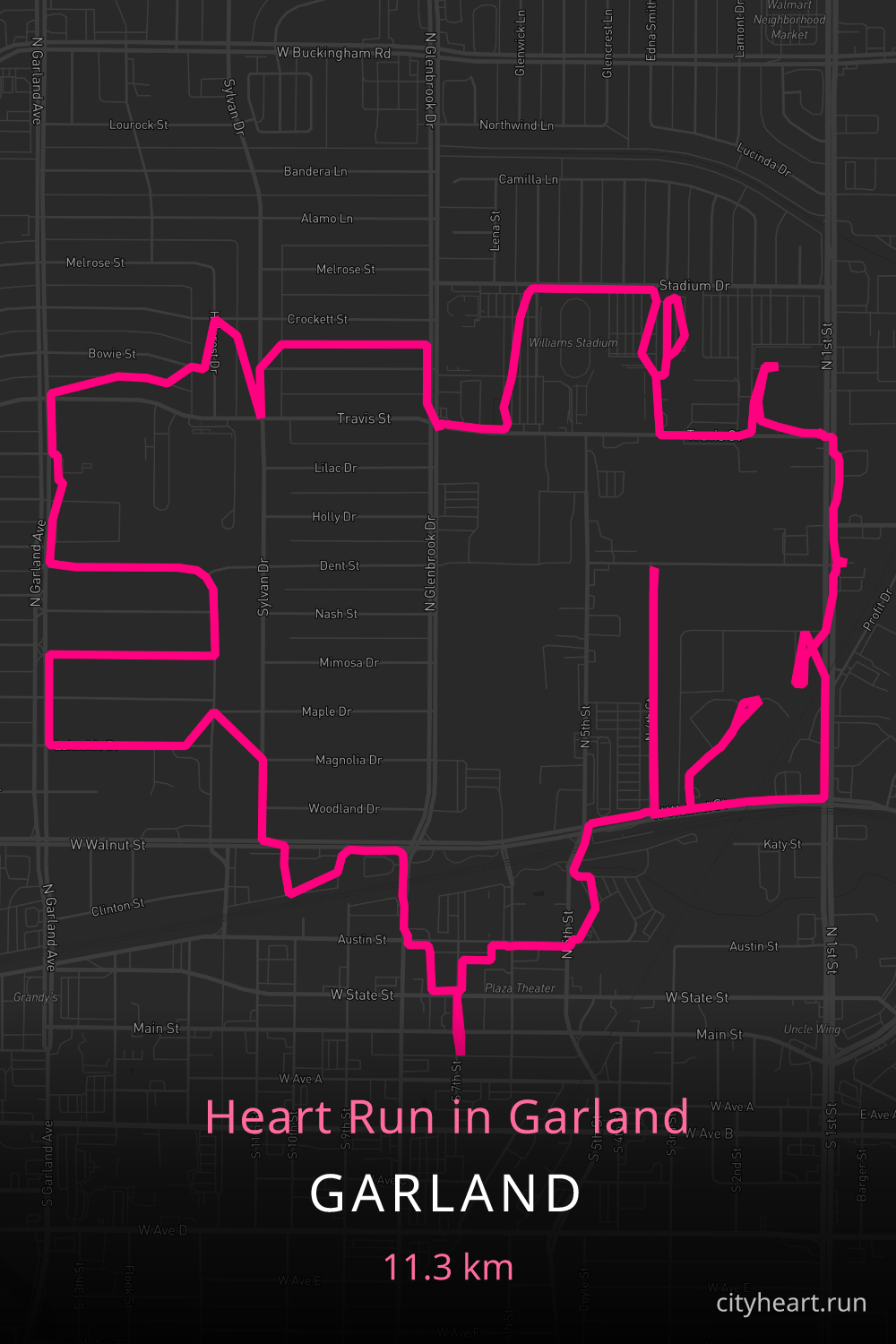 Heart-shaped running route in Garland, 12.4 km — GPS art for Strava