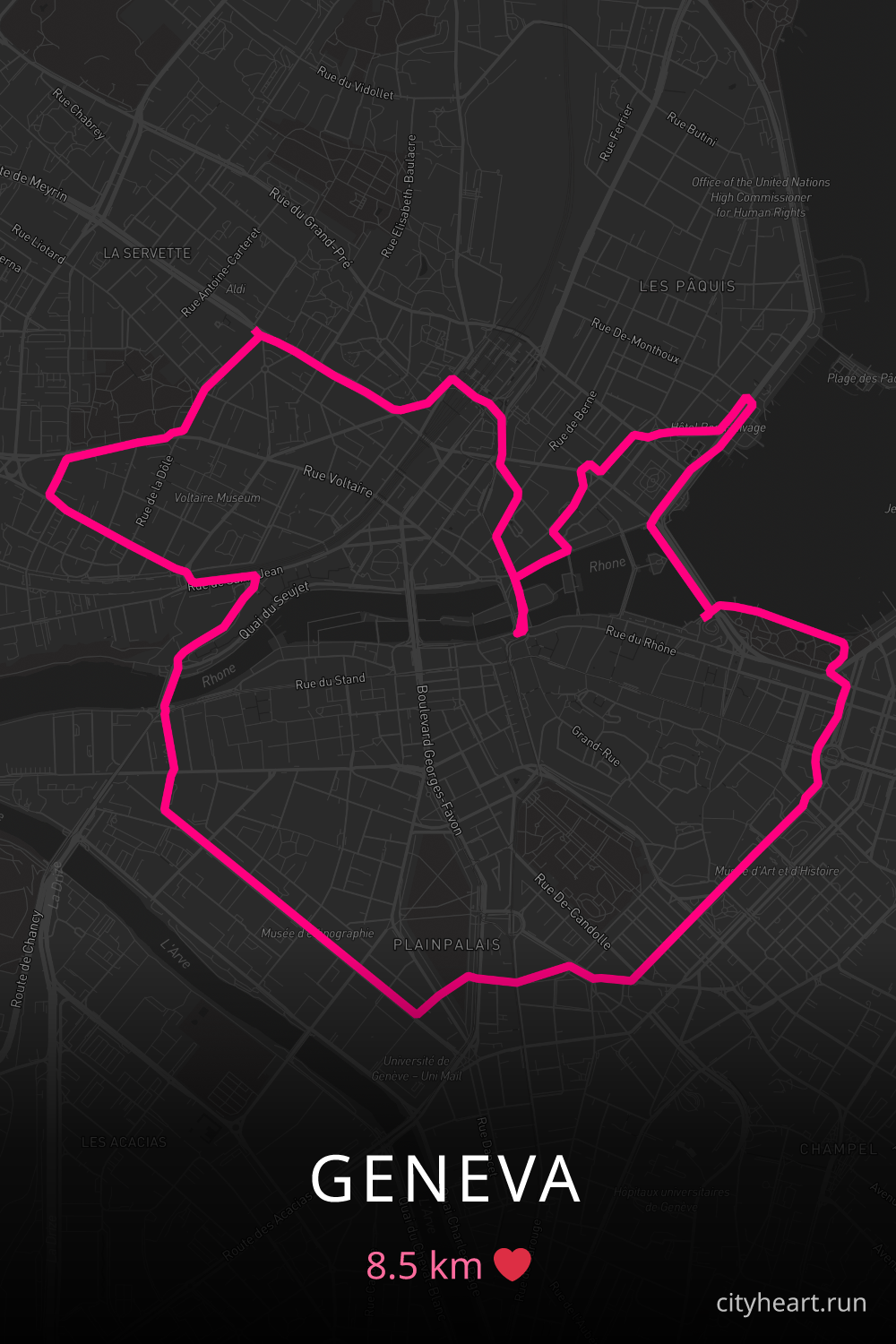 Heart-shaped running route in Geneva, 8.5 km — GPS art for Strava