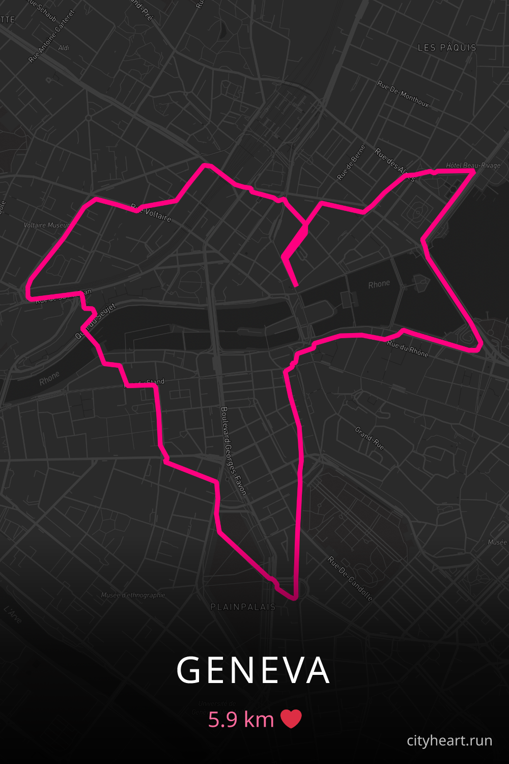 Heart-shaped running route in Geneva, 5.9 km — GPS art for Strava