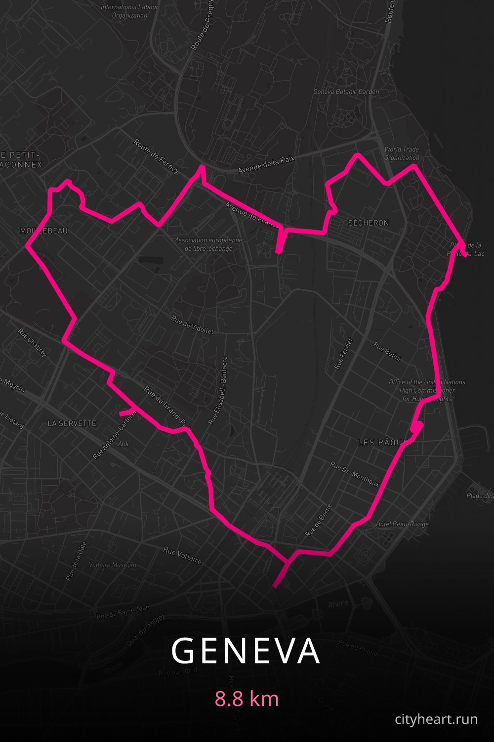 Heart-shaped running route in Geneva, 8.8 km — GPS art for Strava