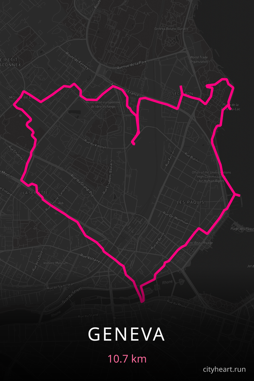 Heart-shaped running route in Geneva, 10.7 km — GPS art for Strava
