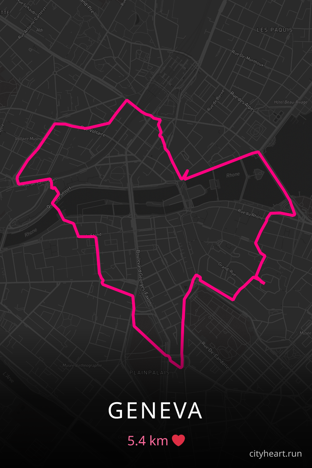 Heart-shaped running route in Geneva, 5.4 km — GPS art for Strava