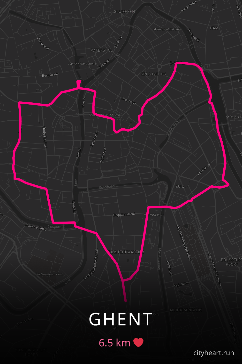 Heart-shaped running route in Ghent, 6.5 km — GPS art for Strava