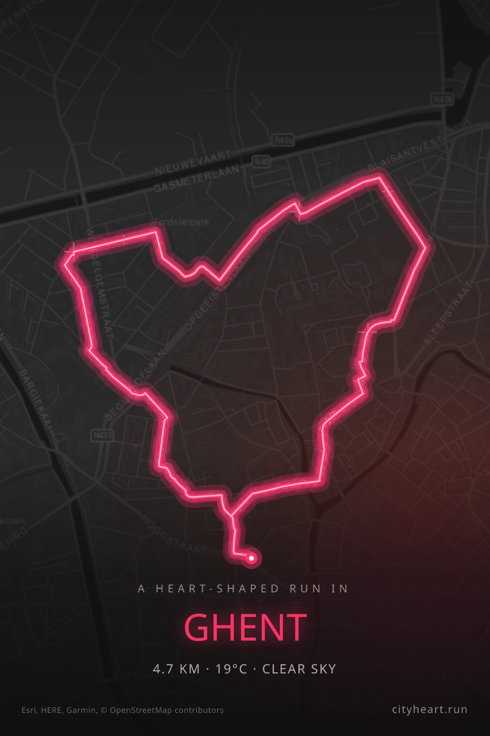 Heart-shaped running route in Ghent, 4.7 km — GPS art for Strava